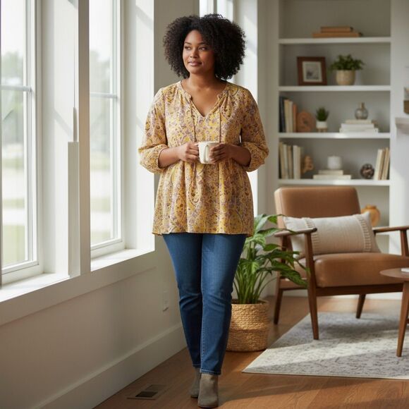 Paisley and Floral Gold Red Blue Smock Baby Doll V Neck Tie Blouse M - Picture 1 of 6
